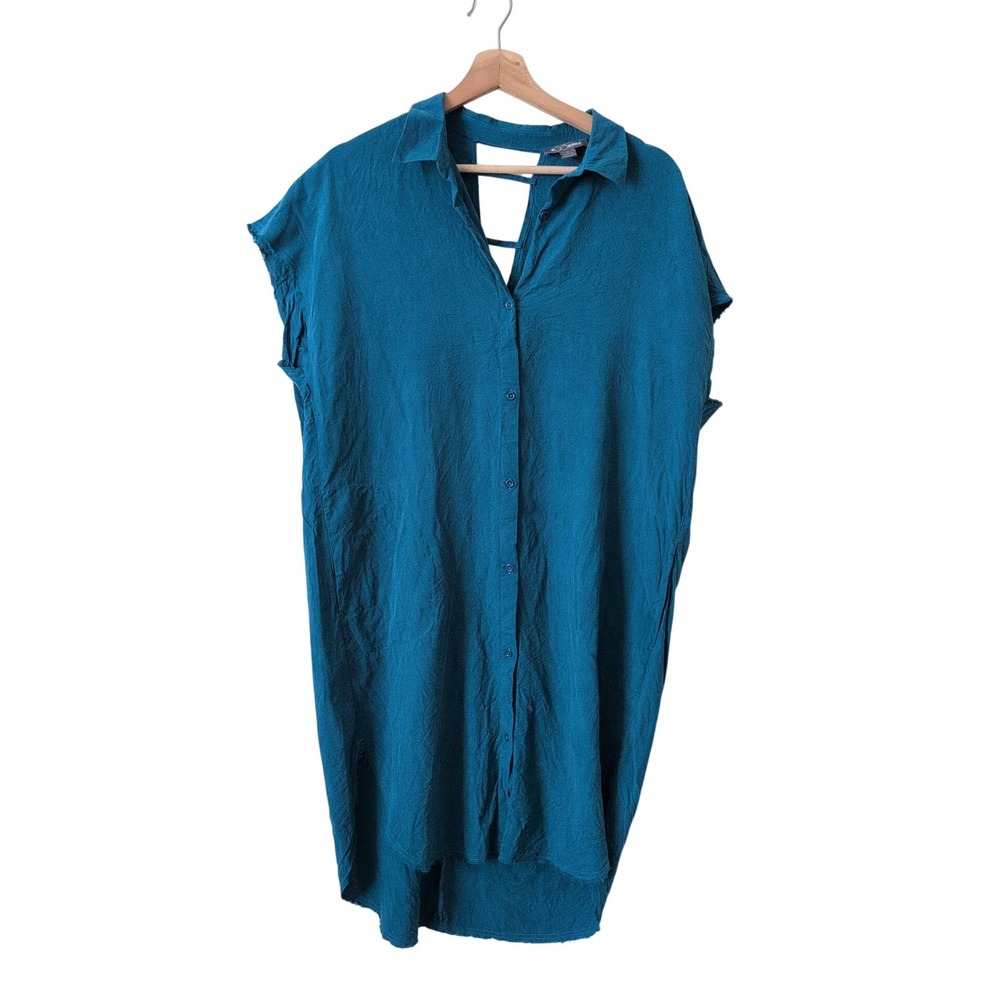 Go Silk Teal 100% Silk Button Down Shirt Dress Washable Shift Flowy Beachy Small